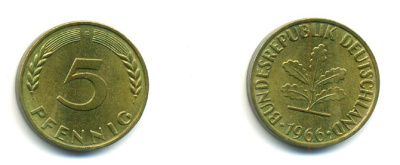 ФРГ 5 пфеннигов 1966 F KM 107, J. 382 сталь плакированная латунью 00-00