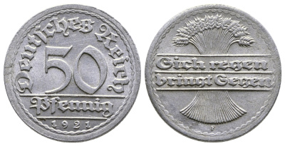 ГЕРМАНИЯ 50 ПФЕННИГОВ 1921 F KM 27, J. 301 алюминий 4380-846