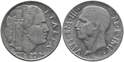 ИТАЛИЯ 20 ЧЕНТЕЗИМО 1940 R, ВИКТОР ИМАНУИЛ, XVIII ГОД, НЕМАГНИТНАЯ KM 75d нержавеющая сталь 83-1056