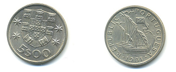 ПОРТУГАЛИЯ 5 ЭСКУДО 1981 ПАРУСНИК KM 591 медно-никель 176-315