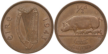 ИРЛАНДИЯ 1/2 ПЕННИ 1943 СВИНЬЯ С ПОРОСЯТАМИ KM 10 бронза 4393-1251