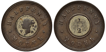 Великобритания 1 пенни ND (1844) модель монеты Виктории в 1/2 пенни, Джозеф Мур биметалл 1524-325