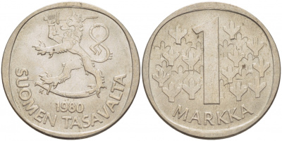 ФИНЛЯНДИЯ 1 МАРКА 1980 K KM 49а медно-никель UNC 3718-854