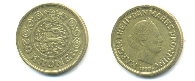 ДАНИЯ 20 КРОН 1990 МАРГАРЕТ II KM 871 алюминиевая бронза 179-241