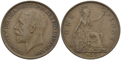 Великобритания 1 пенни 1927 Георг V (1910-1936) КМ 826, Spink 4054 бронза 3460-445