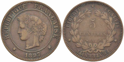 ФРАНЦИЯ 5 САНТИМОВ 1897 A, ТРЕТЬЯ РЕСПУБЛИКА (1871-1940) KM 821.1, LE FRANC 118.41 бронза 108-755