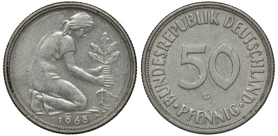ФРГ 50 ПФЕННИГОВ 1968 G KM 109.1, J. 384 медно-никель 72-1028
