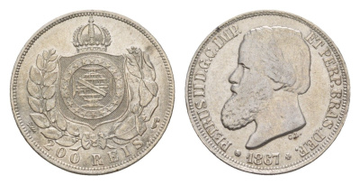 Бразилия 200 реалов (рейсов) 1867 Педро II (1831-1889) KM 471 серебро 1519-1415