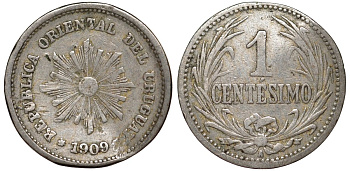 Уругвай 1 сентесимо 1909 KM 19 медно-никель 4169-564