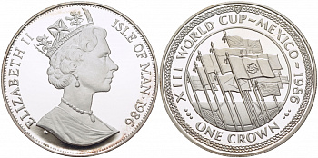 Остров Мэн 1 крона 1986 чемпионат мира по футболу 1986 года в Мексике, флаги стран участников КМ 165b серебро PROOF 1081-1-54