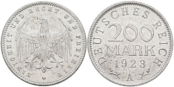 Германия 200 марок 1923 A KM 35, J. 304, Weege 22 алюминий UNC 4586-314
