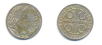 Колумбия 1 сентаво 1921 государственный лепрозорий KM L9 медно-никель 53-162