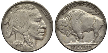 США 5 ЦЕНТОВ 1937 ИНДЕЕЦ, БИЗОН KM 134 медно-никель 27-715