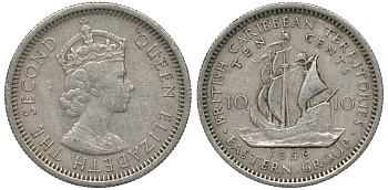 Британские Восточно-Карибские территории 10 центов 1965 Елизавета II (1952-2022), парусник KM 5 медно-никель 4164-242