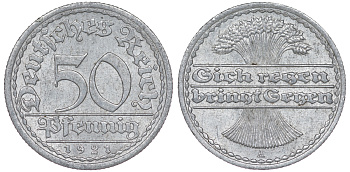 Германия 50 пфеннигов 1921 A KM 27, J. 301 алюминий 4114-421