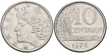 Бразилия 10 сентаво 1976 KM 578.1a, Schon 83b нержавеющая сталь UNC  4603-223