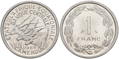 Экваториальные Африканские штаты, Камерун 1 франк 1969 антилопы KM 6 алюминий UNC 4142-527