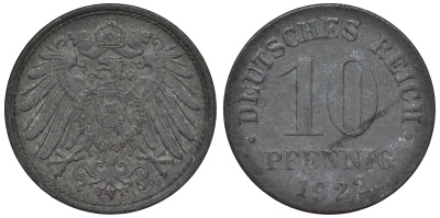 Германия 10 пфеннигов 1922 KM 26, J. 299, Weege 8 цинк 4119-344