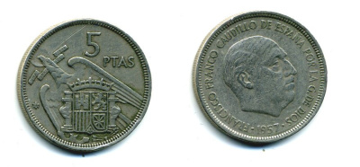 ИСПАНИЯ 5 ПЕСЕТ 1957 (68) ФРАНСИСКО ФРАНКО ДИКТАТОР ИСПАНИИ (1939-1975) KM 786 медно-никель 53-1222