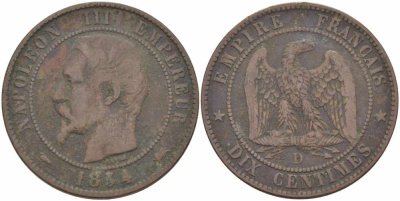 ФРАНЦИЯ 10 САНТИМОВ 1854 D, НАПОЛЕОН III (1852-1870) KM 771.4, LE FRANC 133.14 бронза 38-921