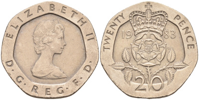 Великобритания 20 пенсов 1983 Елизавета II (1952-2022) KM 931, Spink 4230 (G1) медно-никель 4589-951