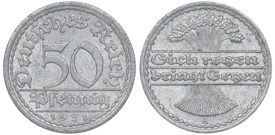 Германия 50 пфеннигов 1921 A KM 27, J. 301 алюминий 4114-421