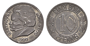 Бонн 10 пфеннигов 1920 Бетховен Funck 51.1A, Men05 3220.1, Men18 4134.1 железо 4651-1065