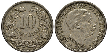 ЛЮКСЕМБУРГ 10 САНТИМОВ 1901 ВЕЛИКИЙ ГЕРЦОГ АДОЛЬФ (1890-1905) КМ 25 медно-никель 4538-656