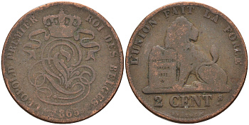Бельгия 2 сантима 1865 Belges KM 4.2 медь 4595-212