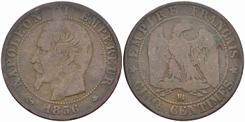 Франция 5 сантимов 1856 BB, Наполеон III (1852-1870) KM 777.3, LE FRANC 116.32 бронза 108-413