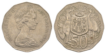 Австралия 50 центов 1974 Елизавета II (1952-2022), герб Австралии, кенгуру KM 68 медно-никель 4383-623