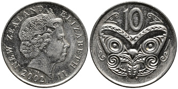 Новая Зеландия 10 центов 2002 Елизавета II (1952-2022), маска маори KM 117 медно-никель 4579-1011