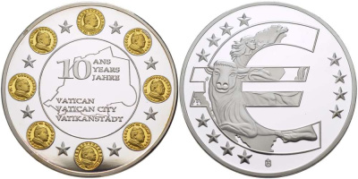 НИДЕРЛАНДЫ МЕДАЛЬ 2012 СЕРИЯ 10 ЛЕТ ЕВРО, ВАТИКАН, СЕРЕБРЕНИЕ, ПОЗОЛОТА, ДИАМЕТР 40 ММ., ПОХИЩЕНИЕ ЕВРОПЫ PROOF 1082-6-52