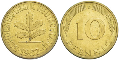 ФРГ 10 ПФЕННИГОВ 1982 D KM 108, J. 383 сталь плакированная латунью 219-541