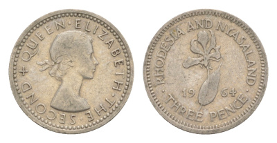 Родезия и Ньясаленд 3 пенса 1964 Елизавета II (1952-2022), цветок глориоза KM  3 медно-никель    4640-929