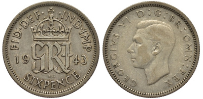 Великобритания 6 пенсов 1943 Георг VI (1936-1952) KM 852, Spink 4084 серебро 4538-523