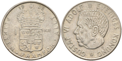 Швеция 1 крона 1968 U, Густав VI Адольф (1950-1973) KM 826 серебро 4150-241