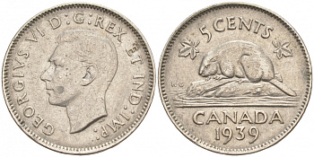 Канада 5 центов 1939 Георг VI (1937-1952), бобр KM 33 никель 73-1136