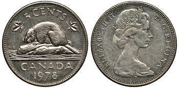 КАНАДА 5 ЦЕНТОВ 1978 БОБЁР, ЕЛИЗАВЕТА II (1952-) KM 60.1 никель 4182-252