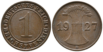 ГЕРМАНИЯ 1 РЕЙХСПФЕННИГ 1927 D KM 37, J. 313 бронза 39-937