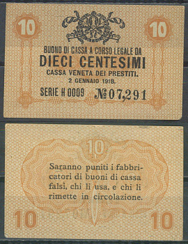 Италия 10 чентезимо 1918 	Венецианский ссудный банк Pick M2 бумага aUNC 7554-10-1-2