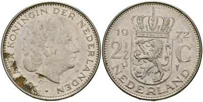 Нидерланды 2 1/2 гульдена 1972 Юлиана (1948-1980) KM 191 никель 4162-741