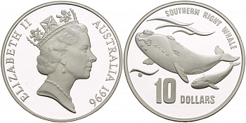 Австралия 10 долларов 1996 природа Австралии, южный гладкий кит, с китенком KM 314 серебро PROOF 1087-7-34