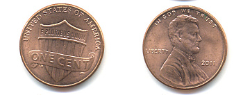 США 1 ЦЕНТ 2011 ЛИНКОЛЬН, ЩИТ KM 469 цинк плакированный медью 86-412