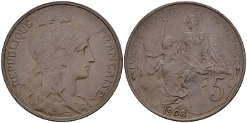 ФРАНЦИЯ 5 САНТИМОВ 1908 ТИП ДАНИЭЛЬ ДЮПЮИ KM 842, LE FRANC 119.19 бронза 28-613