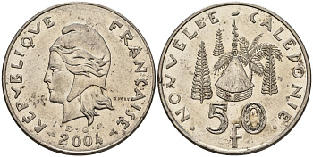 Французская Новая Каледония 50 франков 2004 хижина среди сосен и пальм, (IEOM) KM 13, Schoen 15, Lec 121 никель 4144-123