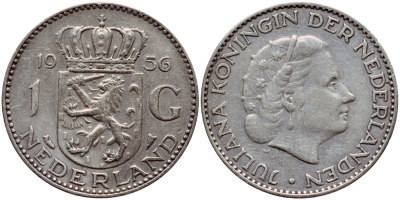 Нидерланды 1 гульден 1956 Юлиана (1948-1980) KM 184 серебро 1522-135