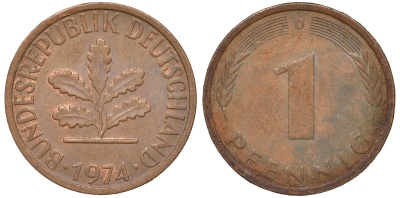 ФРГ 1 пфенниг 1974 D KM 105, J.380 сталь плакированная медью 4174-445