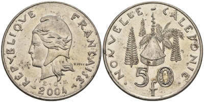 Французская Новая Каледония 50 франков 2004 хижина среди сосен и пальм, (IEOM) KM 13, Schoen 15, Lec 121 никель 4144-123