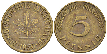 ФРГ 5 пфеннигов 1950 J KM 107, J. 382 сталь плакированная латунью 55-1253